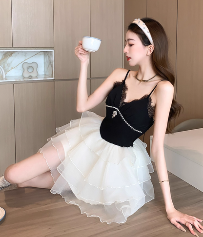 Graceful Party-Ready Spaghetti Strap Lace Trimmed Mini Skirt Unique White Layered Tulle Puff Hem Rhinestone Accent Short Dress AP1781
