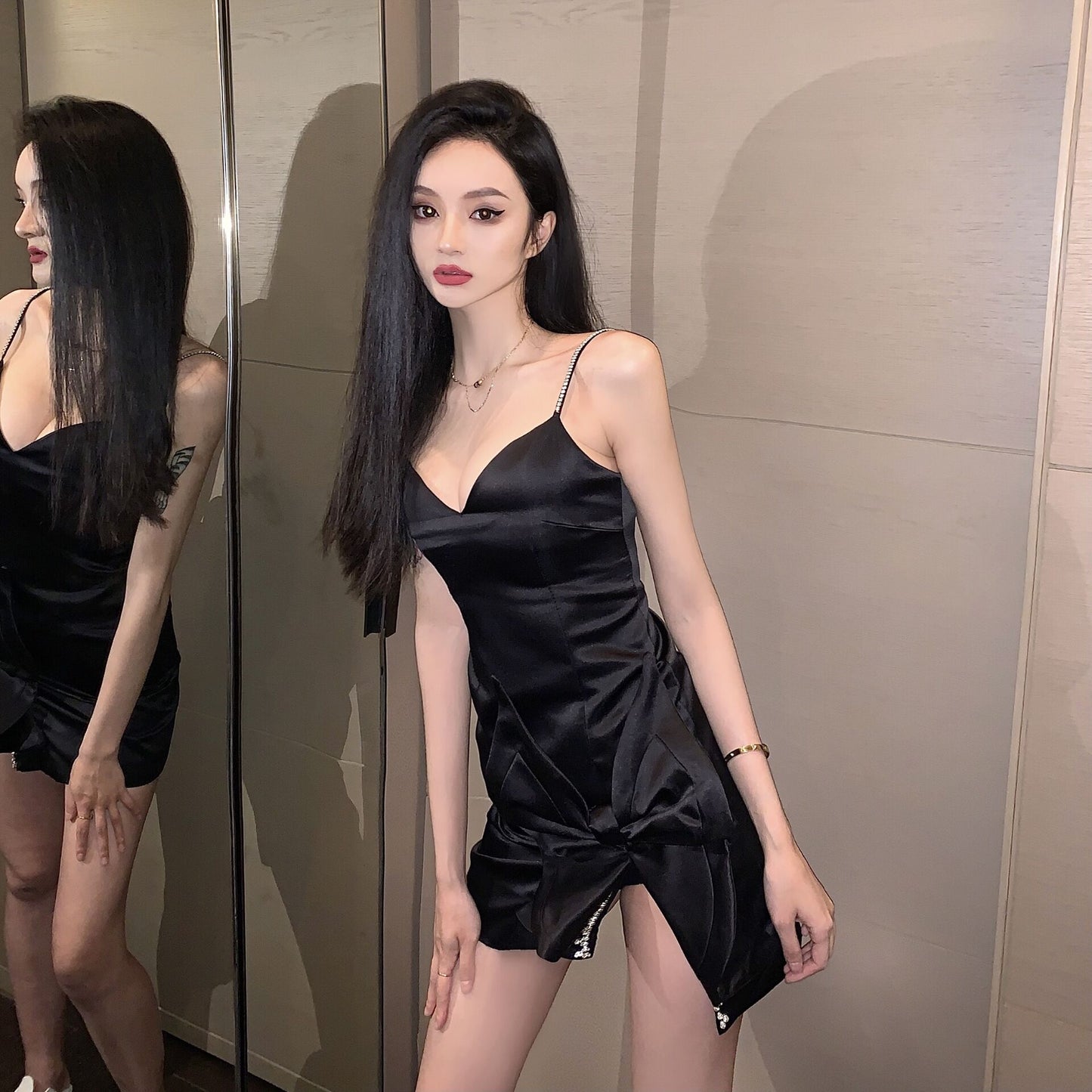 Sexy Slit Beading Spaghetti Strap Y2K-Inspired Mini Skirt Unique Black Asymmetric Hem Ruched Short Dress AP1783