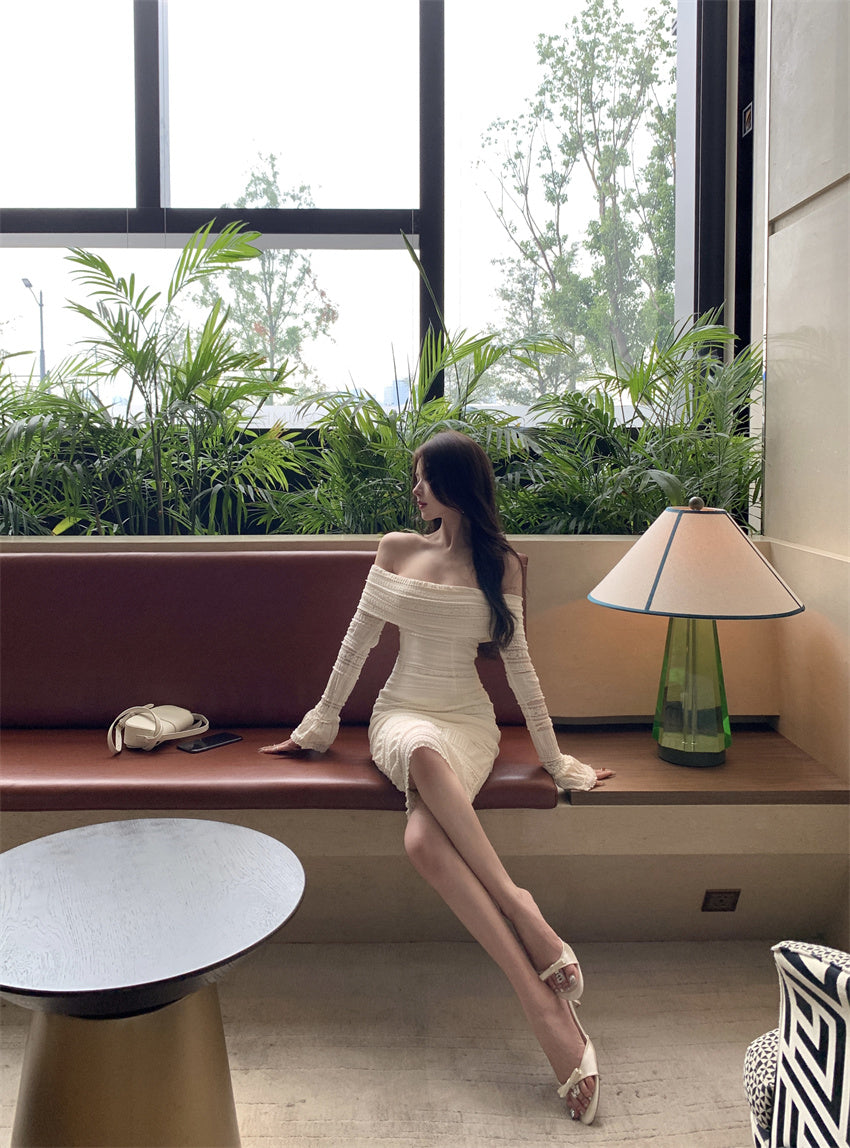 French-Inspired White Off-Shoulder Textured Fabric Midi Dress Vintage Long Sleeve Bodycon Fit Long Dress AP1784