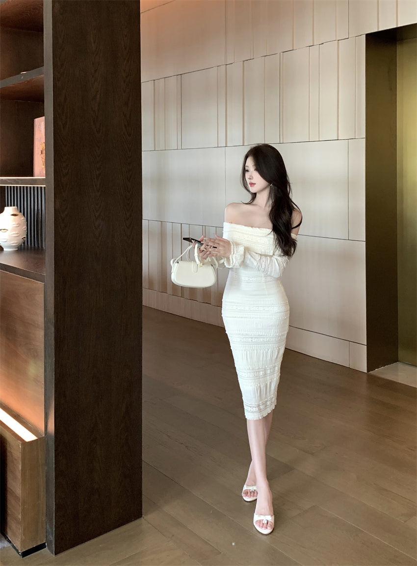 French-Inspired White Off-Shoulder Textured Fabric Midi Dress Vintage Long Sleeve Bodycon Fit Long Dress AP1784