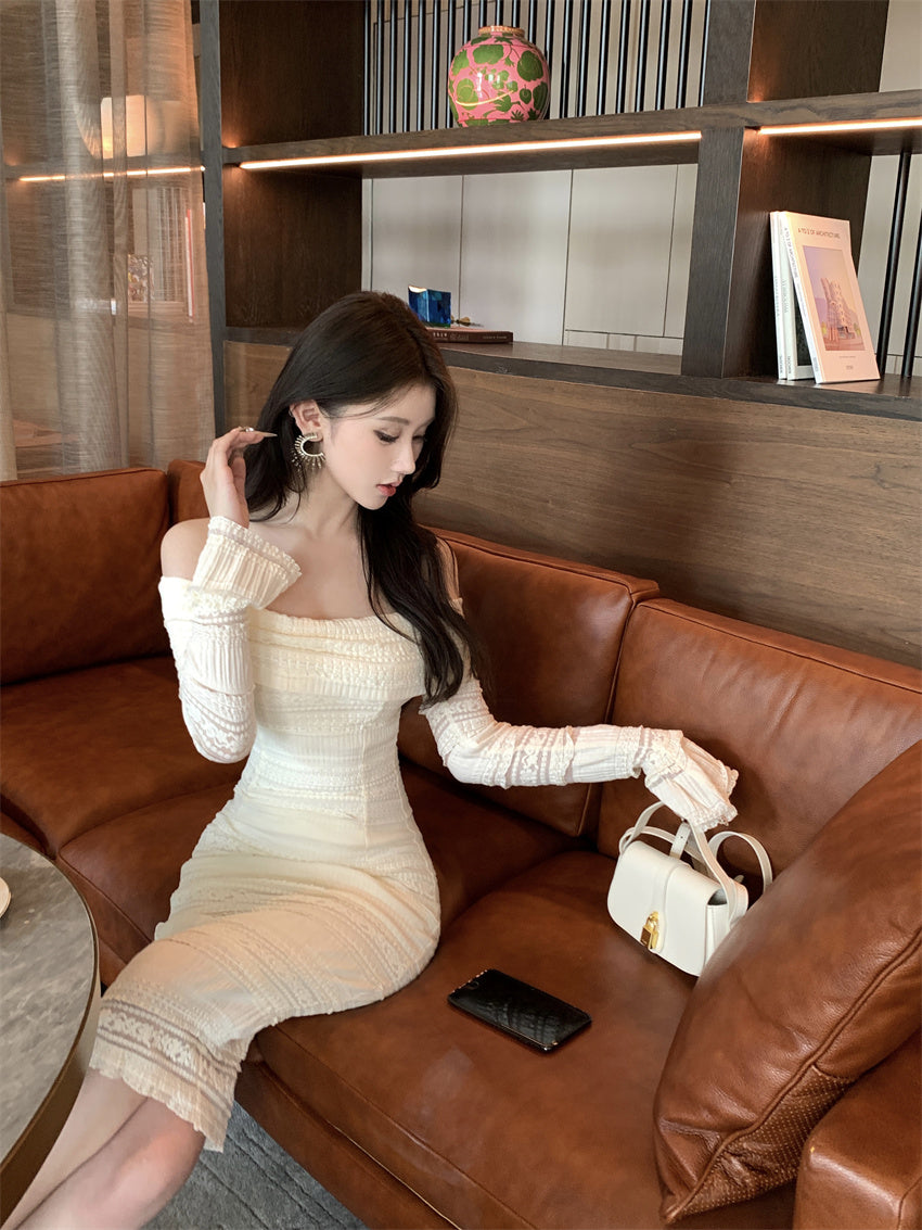 French-Inspired White Off-Shoulder Textured Fabric Midi Dress Vintage Long Sleeve Bodycon Fit Long Dress AP1784