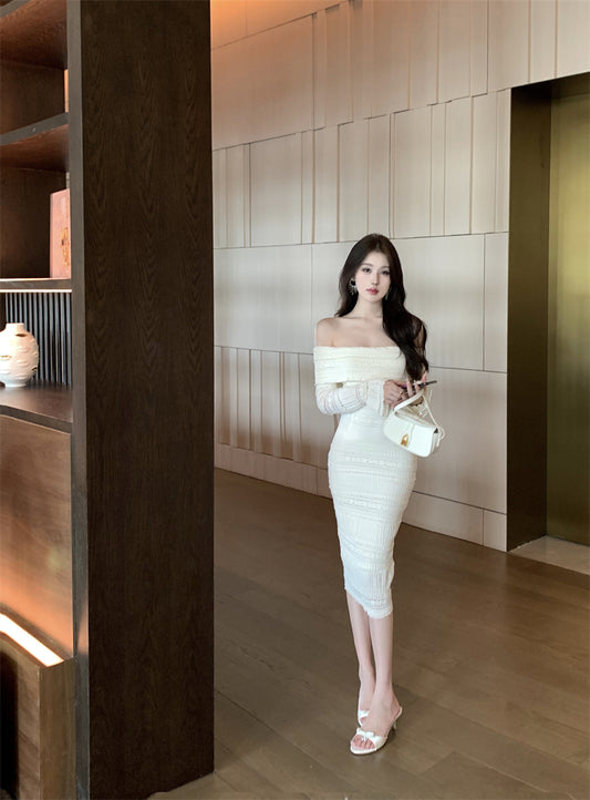 French-Inspired White Off-Shoulder Textured Fabric Midi Dress Vintage Long Sleeve Bodycon Fit Long Dress AP1784