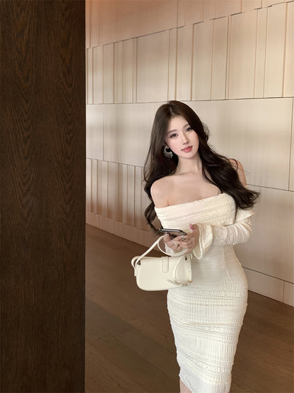 French-Inspired White Off-Shoulder Textured Fabric Midi Dress Vintage Long Sleeve Bodycon Fit Long Dress AP1784
