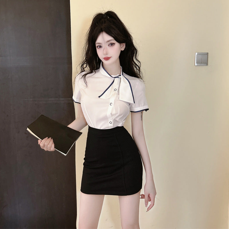 Unique 2-Piece Set Short Sleeve Bow Mini Skirt Everyday Wear Color-Block Black Bodycon Short Dress AP1785