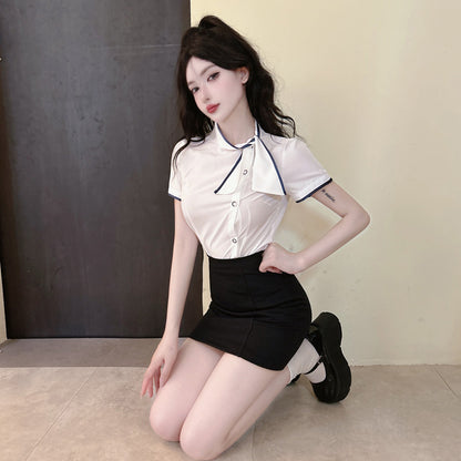 Unique 2-Piece Set Short Sleeve Bow Mini Skirt Everyday Wear Color-Block Black Bodycon Short Dress AP1785