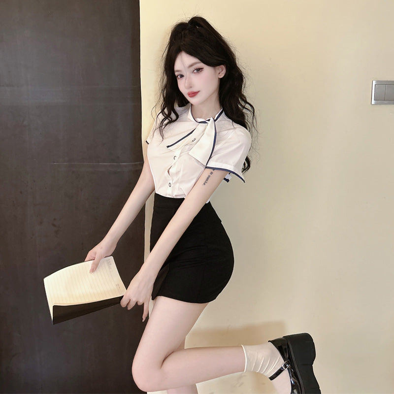 Unique 2-Piece Set Short Sleeve Bow Mini Skirt Everyday Wear Color-Block Black Bodycon Short Dress AP1785
