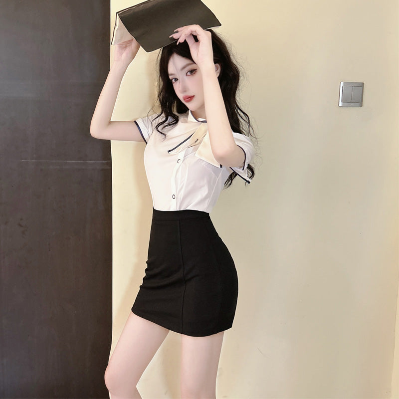 Unique 2-Piece Set Short Sleeve Bow Mini Skirt Everyday Wear Color-Block Black Bodycon Short Dress AP1785