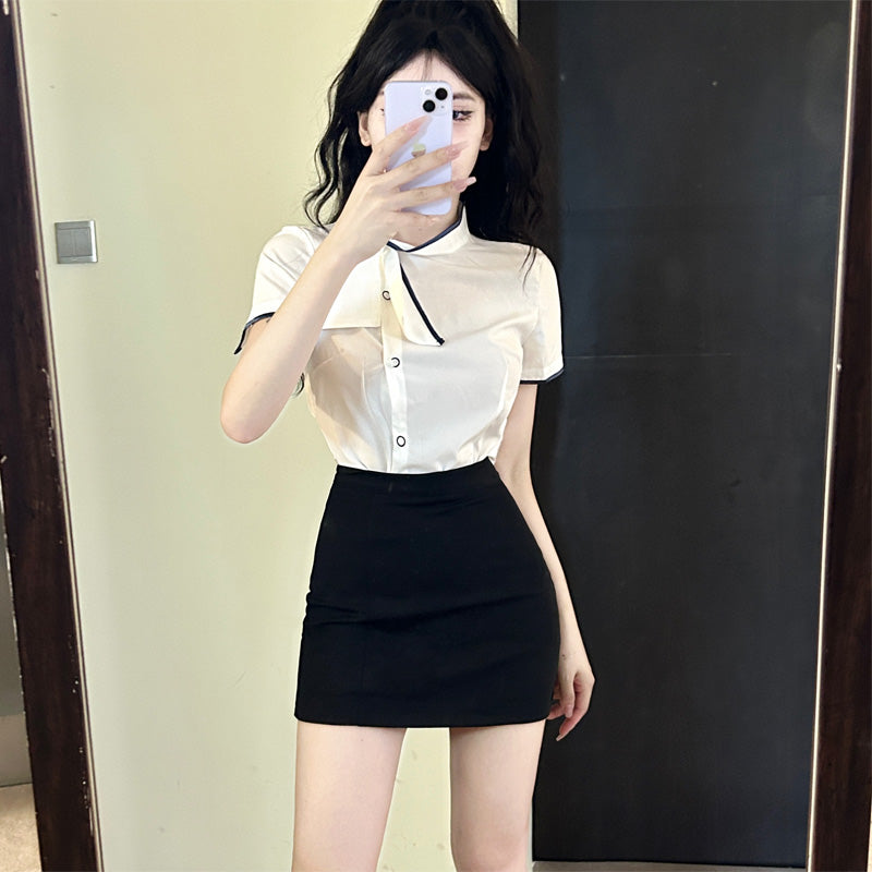 Unique 2-Piece Set Short Sleeve Bow Mini Skirt Everyday Wear Color-Block Black Bodycon Short Dress AP1785