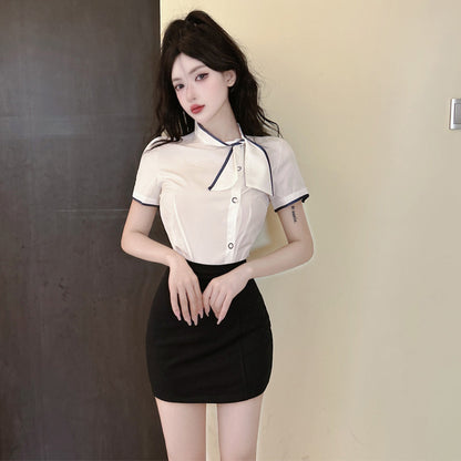 Unique 2-Piece Set Short Sleeve Bow Mini Skirt Everyday Wear Color-Block Black Bodycon Short Dress AP1785