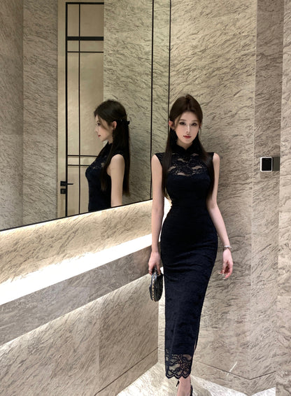 Unique lack Lace Sleeveless High-Slit Maxi Dress Vogue Lace Cutout Detailing Evening Parties Bodycon Halter Long Dress AP1786