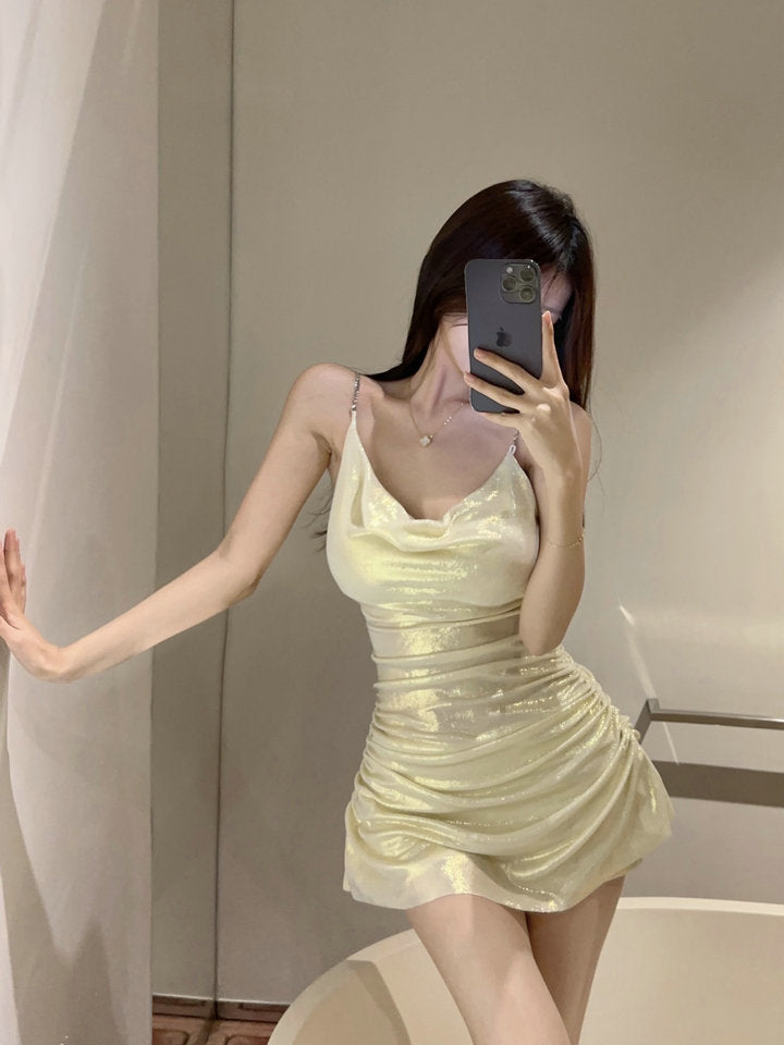 Classical Ruched Bodycon Cowl Neck Mini Skirt Exquisite Parties Outfit Spaghetti Straps Shimmer Short Dress AP1787