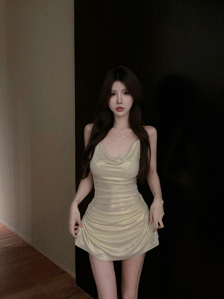 Classical Ruched Bodycon Cowl Neck Mini Skirt Exquisite Parties Outfit Spaghetti Straps Shimmer Short Dress AP1787