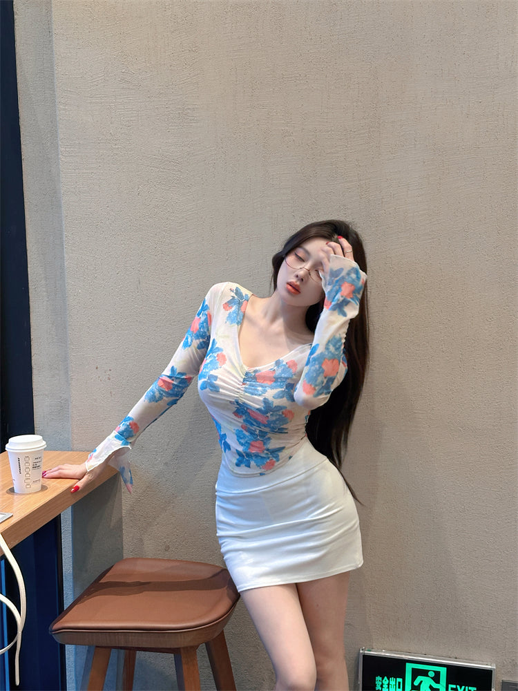 Romantic Floral Mesh Top & White Bodycon Mini Skirt Everyday Wear Parties Outfit Two-Piece Set Long Sleeve V-Neck Blouse Short Dress AP1788