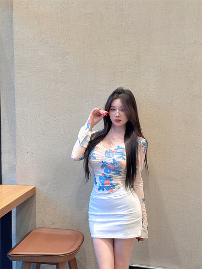 Romantic Floral Mesh Top & White Bodycon Mini Skirt Everyday Wear Parties Outfit Two-Piece Set Long Sleeve V-Neck Blouse Short Dress AP1788