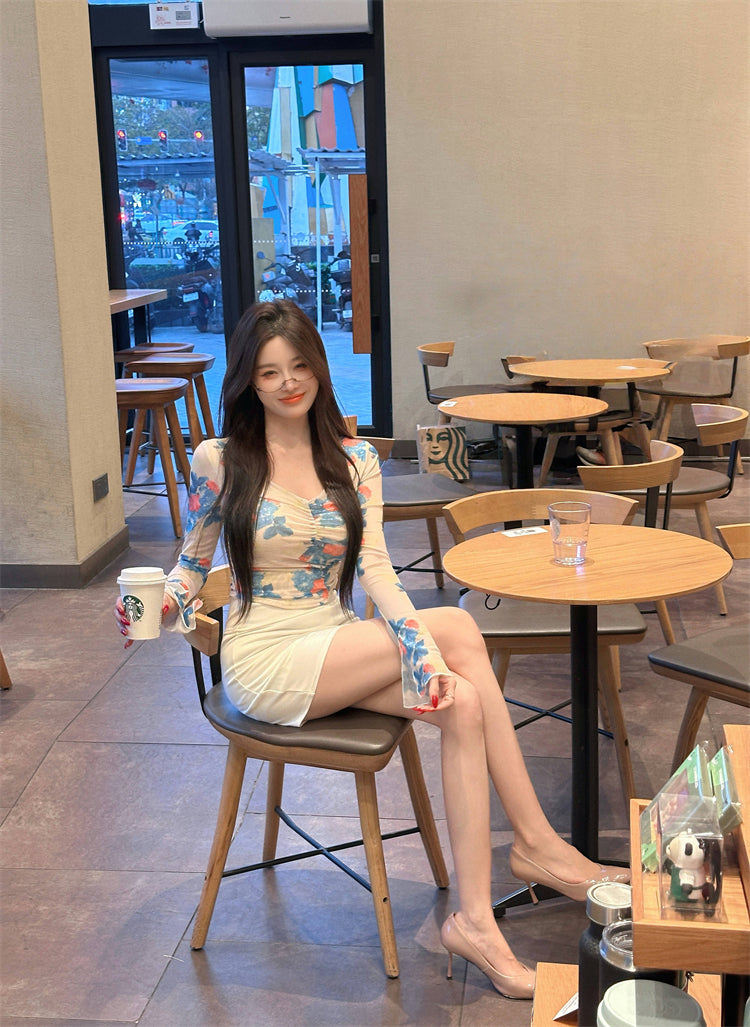 Romantic Floral Mesh Top & White Bodycon Mini Skirt Everyday Wear Parties Outfit Two-Piece Set Long Sleeve V-Neck Blouse Short Dress AP1788