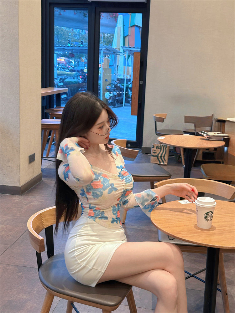 Romantic Floral Mesh Top & White Bodycon Mini Skirt Everyday Wear Parties Outfit Two-Piece Set Long Sleeve V-Neck Blouse Short Dress AP1788