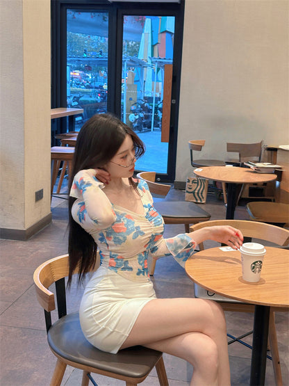 Romantic Floral Mesh Top & White Bodycon Mini Skirt Everyday Wear Parties Outfit Two-Piece Set Long Sleeve V-Neck Blouse Short Dress AP1788