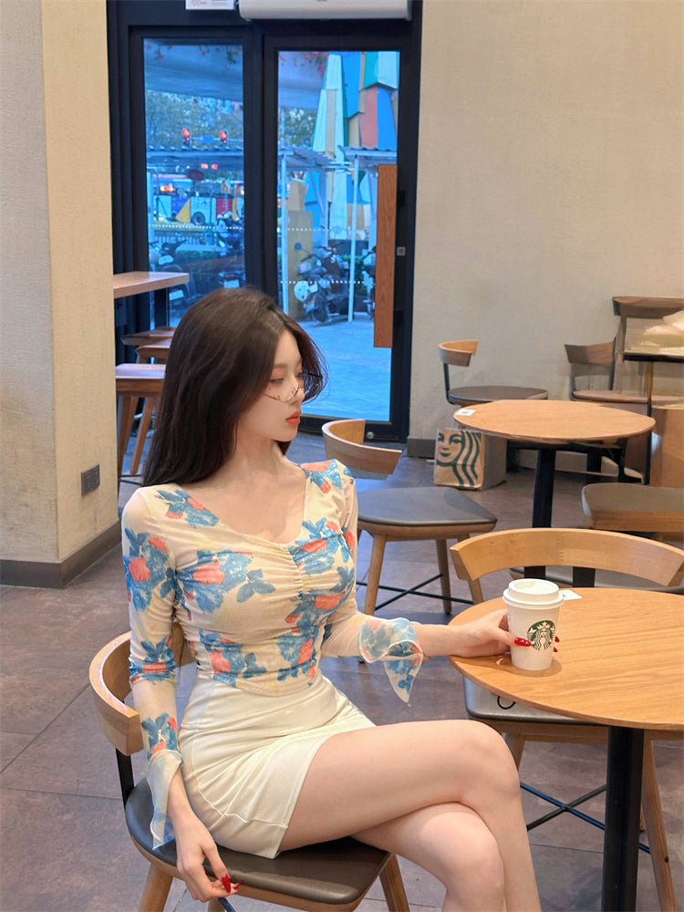 Romantic Floral Mesh Top & White Bodycon Mini Skirt Everyday Wear Parties Outfit Two-Piece Set Long Sleeve V-Neck Blouse Short Dress AP1788