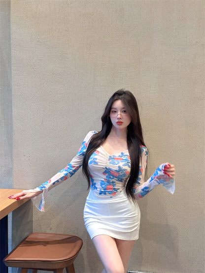 Romantic Floral Mesh Top & White Bodycon Mini Skirt Everyday Wear Parties Outfit Two-Piece Set Long Sleeve V-Neck Blouse Short Dress AP1788