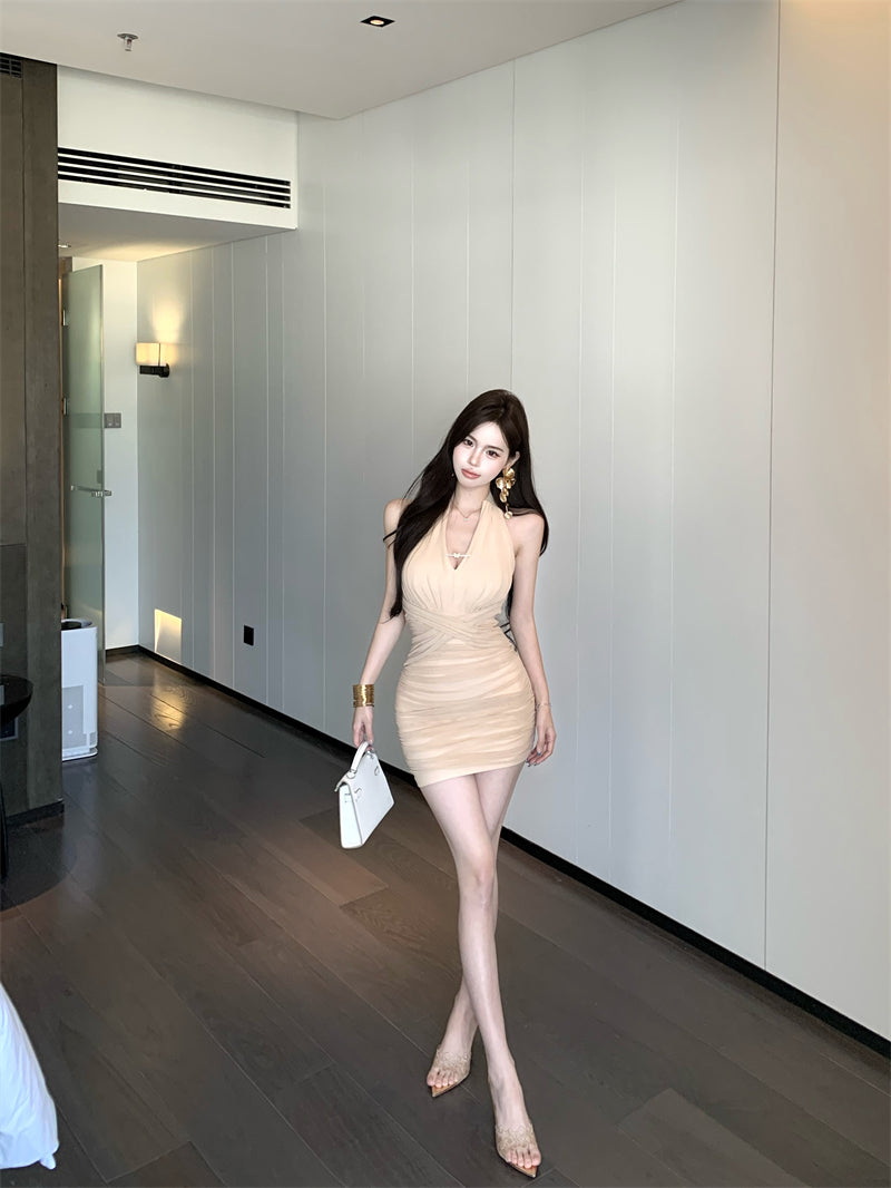 Vogue Ruched Bodycon Parties Outfit Mini Skirt Minimalist Hot Girls Backless Feast Occasion Halter Short Dress AP1789