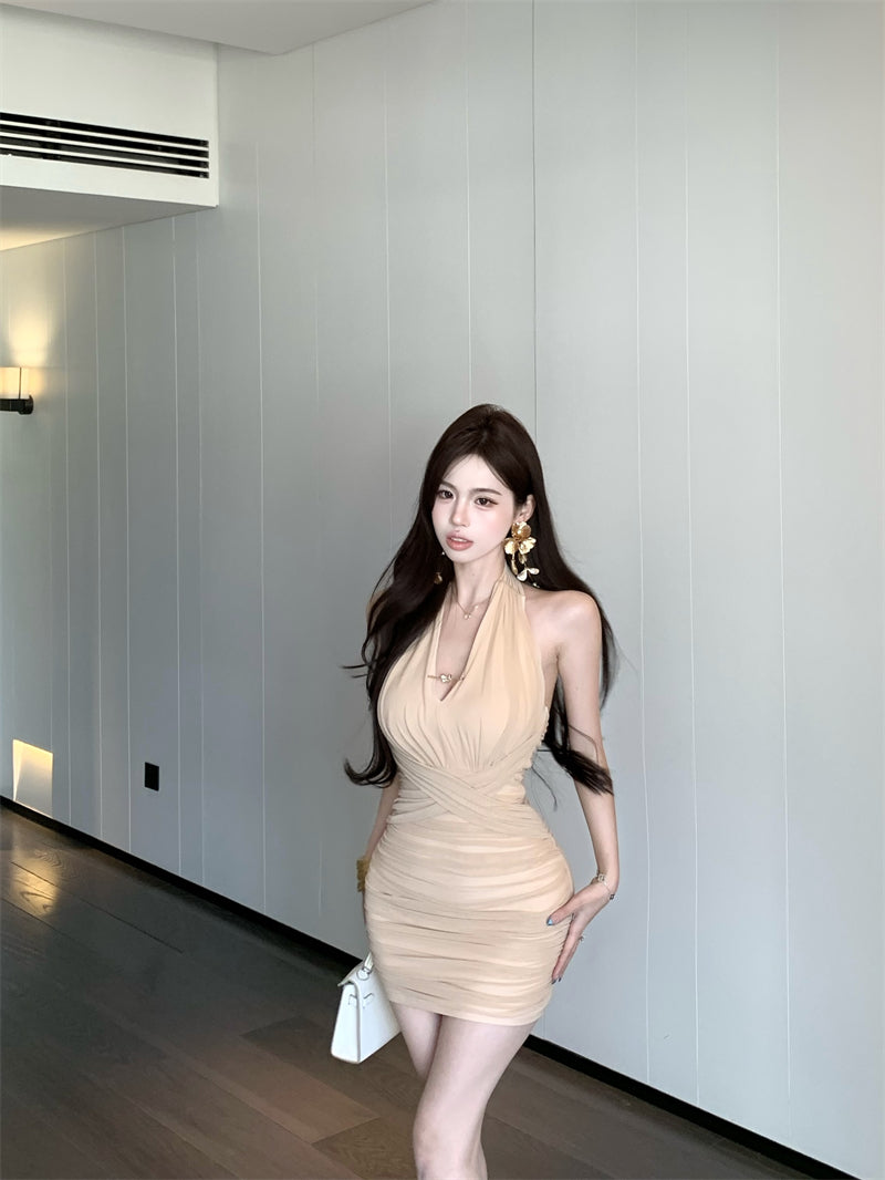 Vogue Ruched Bodycon Parties Outfit Mini Skirt Minimalist Hot Girls Backless Feast Occasion Halter Short Dress AP1789