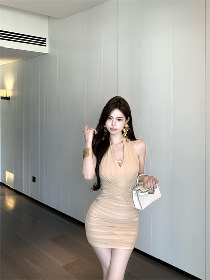 Vogue Ruched Bodycon Parties Outfit Mini Skirt Minimalist Hot Girls Backless Feast Occasion Halter Short Dress AP1789
