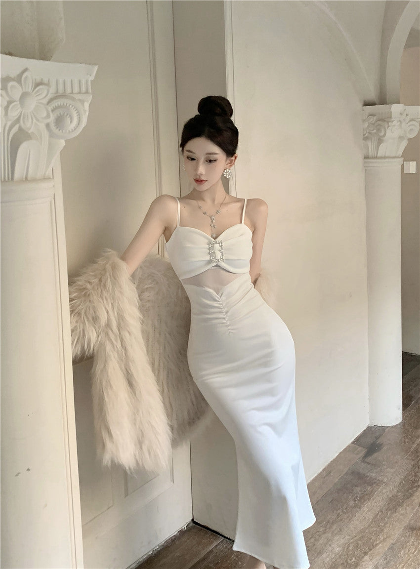 Romantic Cinched-Waist Ruched Detail Maxi Dress Evening Party Sheer Mesh Cutout Rhinestone Embellishment Spaghetti Strap Long Dress AP1790