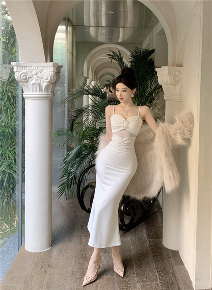 Romantic Cinched-Waist Ruched Detail Maxi Dress Evening Party Sheer Mesh Cutout Rhinestone Embellishment Spaghetti Strap Long Dress AP1790