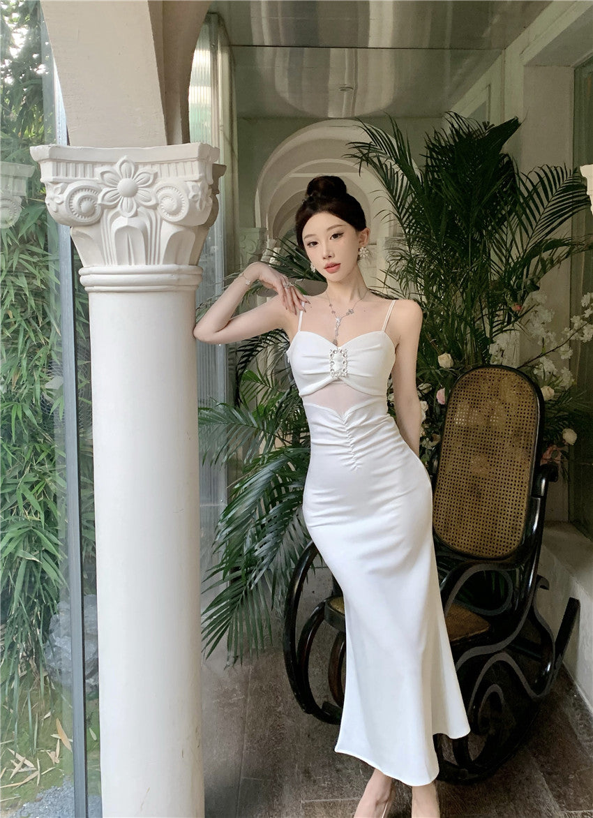 Romantic Cinched-Waist Ruched Detail Maxi Dress Evening Party Sheer Mesh Cutout Rhinestone Embellishment Spaghetti Strap Long Dress AP1790