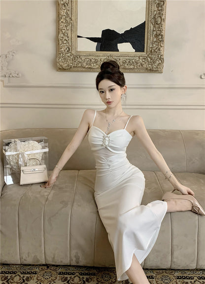 Romantic Cinched-Waist Ruched Detail Maxi Dress Evening Party Sheer Mesh Cutout Rhinestone Embellishment Spaghetti Strap Long Dress AP1790