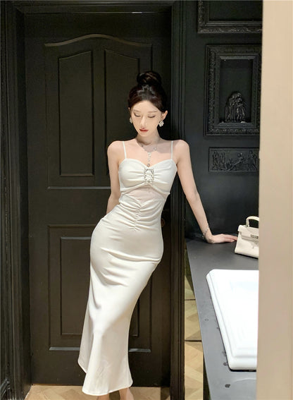 Romantic Cinched-Waist Ruched Detail Maxi Dress Evening Party Sheer Mesh Cutout Rhinestone Embellishment Spaghetti Strap Long Dress AP1790