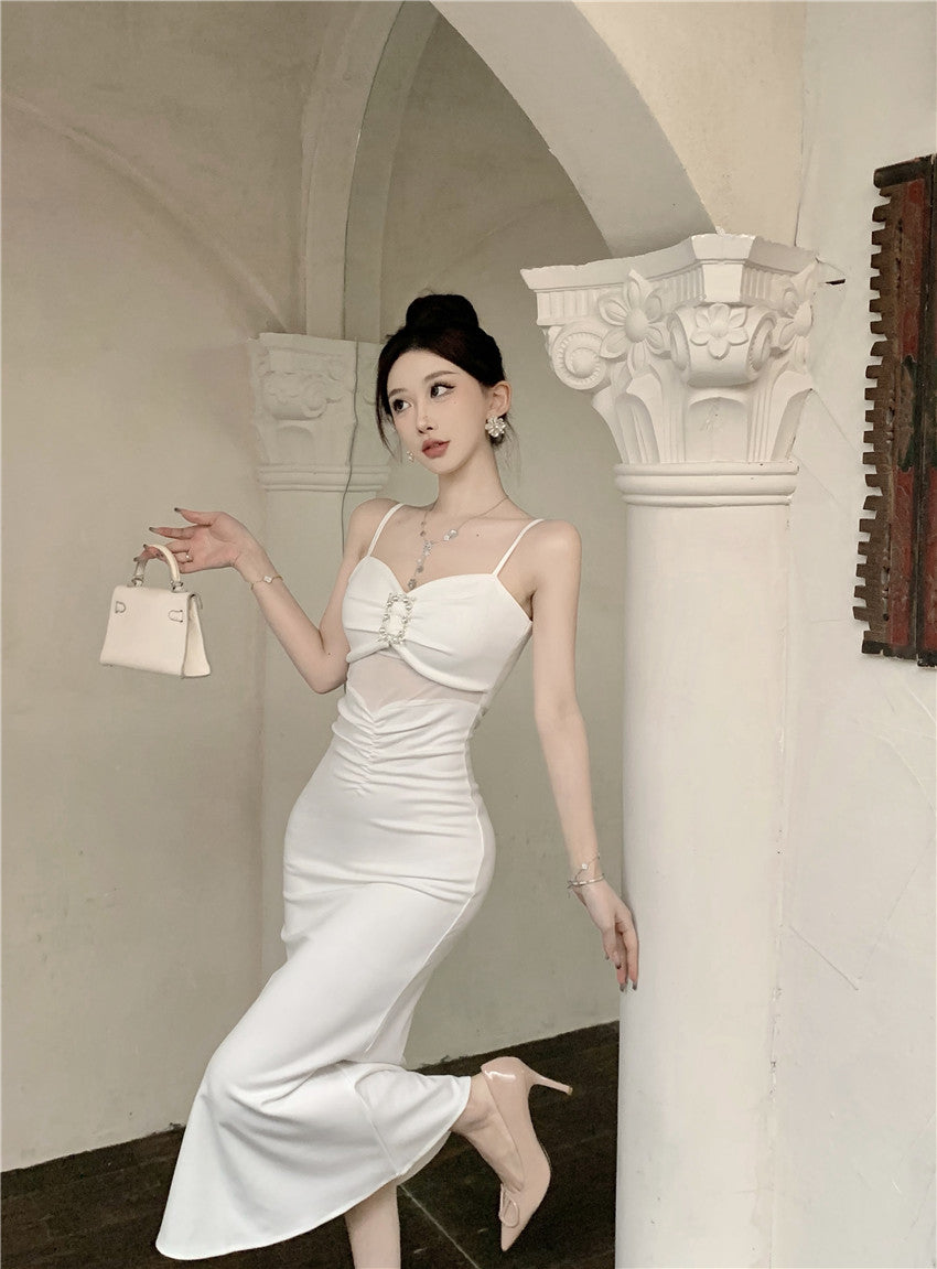 Romantic Cinched-Waist Ruched Detail Maxi Dress Evening Party Sheer Mesh Cutout Rhinestone Embellishment Spaghetti Strap Long Dress AP1790