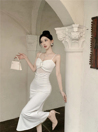 Romantic Cinched-Waist Ruched Detail Maxi Dress Evening Party Sheer Mesh Cutout Rhinestone Embellishment Spaghetti Strap Long Dress AP1790