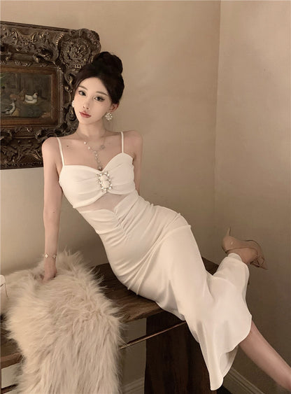 Romantic Cinched-Waist Ruched Detail Maxi Dress Evening Party Sheer Mesh Cutout Rhinestone Embellishment Spaghetti Strap Long Dress AP1790