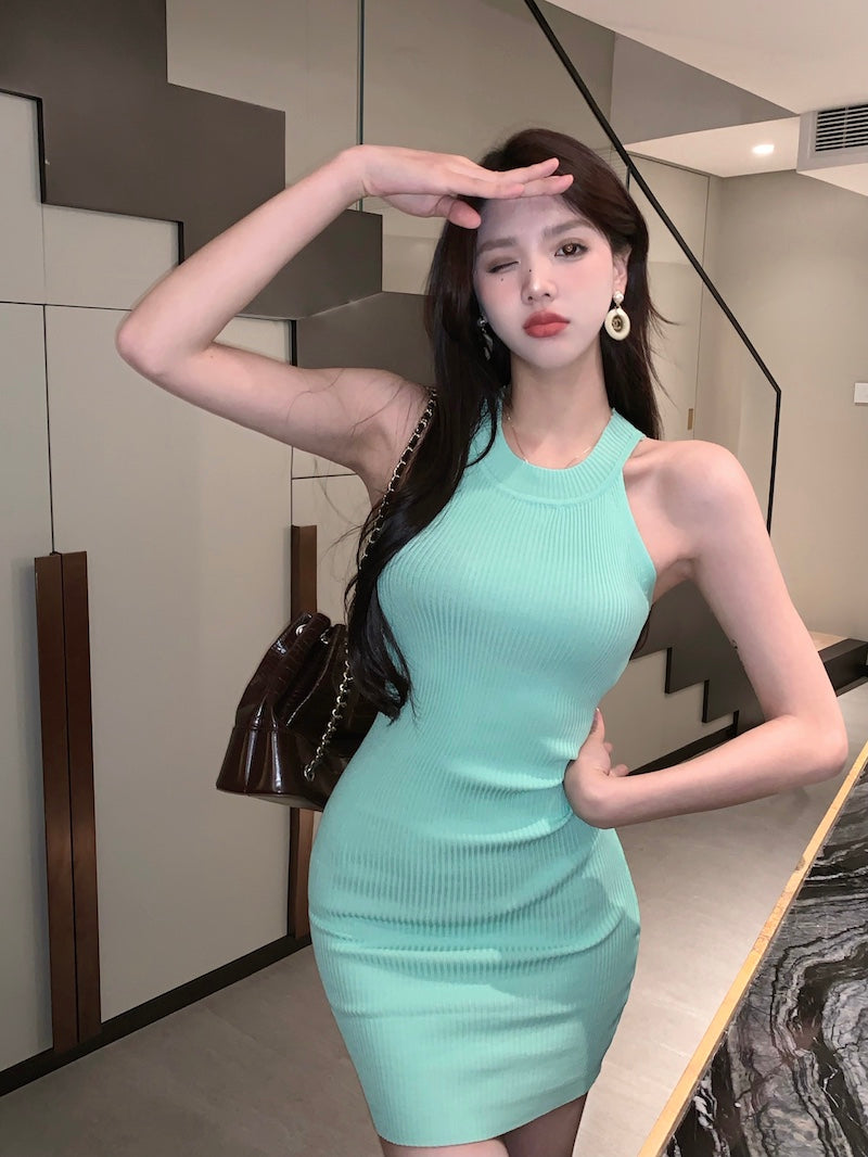 Glamorous Ribbed Knit Mint Green Mini Skirt Stylish for Nightclubs Bodycon Mini Fit Halter Short Dress AP1791