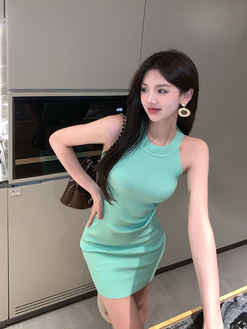 Glamorous Ribbed Knit Mint Green Mini Skirt Stylish for Nightclubs Bodycon Mini Fit Halter Short Dress AP1791