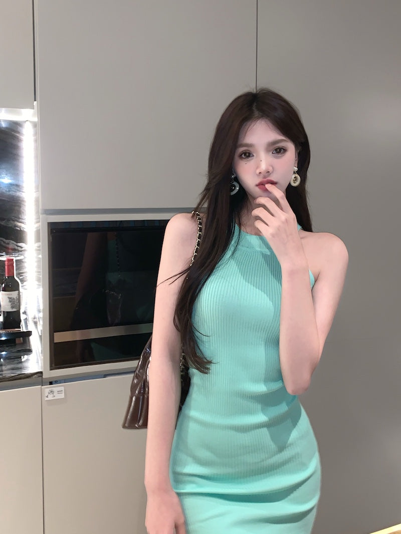 Glamorous Ribbed Knit Mint Green Mini Skirt Stylish for Nightclubs Bodycon Mini Fit Halter Short Dress AP1791