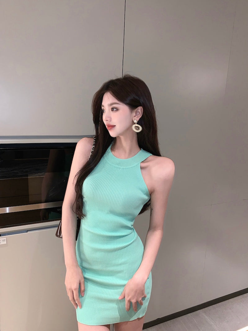 Glamorous Ribbed Knit Mint Green Mini Skirt Stylish for Nightclubs Bodycon Mini Fit Halter Short Dress AP1791