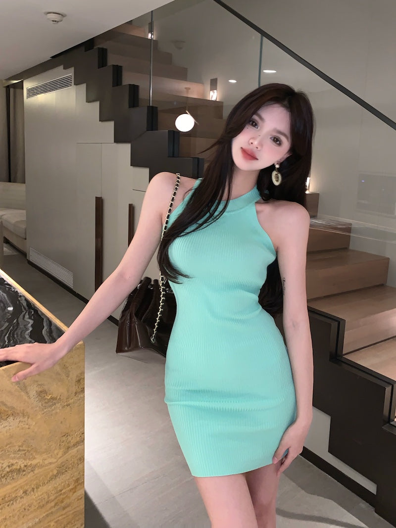 Glamorous Ribbed Knit Mint Green Mini Skirt Stylish for Nightclubs Bodycon Mini Fit Halter Short Dress AP1791
