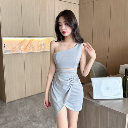 Graceful Light Gray One-Shoulder Sheer Mesh Waist  Mini Dress Parties & Dates Bodycon Asymmetric Hem Short Dress AP1792
