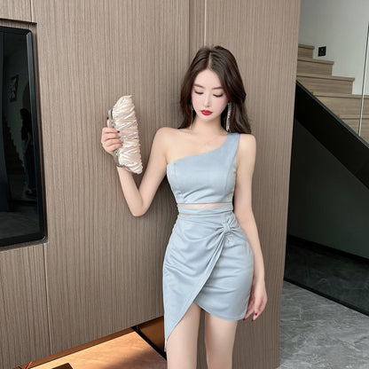 Graceful Light Gray One-Shoulder Sheer Mesh Waist  Mini Dress Parties & Dates Bodycon Asymmetric Hem Short Dress AP1792