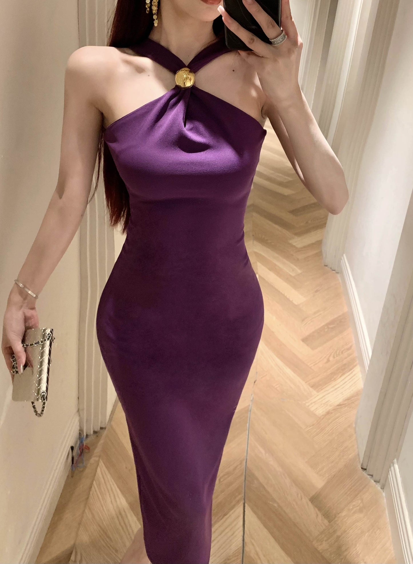 Unique Purple Bodycon Gold Clasp Detail Midi Dress Glamorous Romantic Dates Slit Hem Cinched-Waist Halter Long Dress AP1793