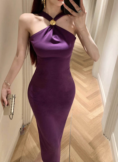 Unique Purple Bodycon Gold Clasp Detail Midi Dress Glamorous Romantic Dates Slit Hem Cinched-Waist Halter Long Dress AP1793
