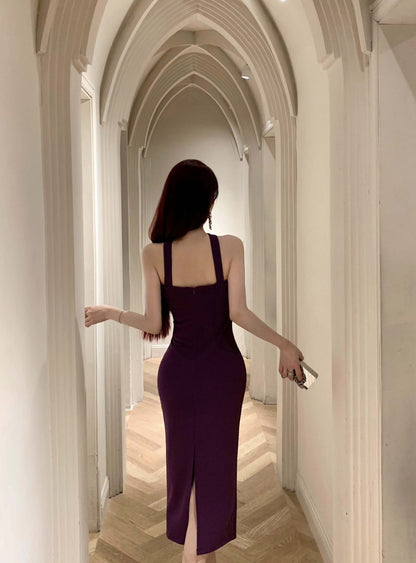 Unique Purple Bodycon Gold Clasp Detail Midi Dress Glamorous Romantic Dates Slit Hem Cinched-Waist Halter Long Dress AP1793