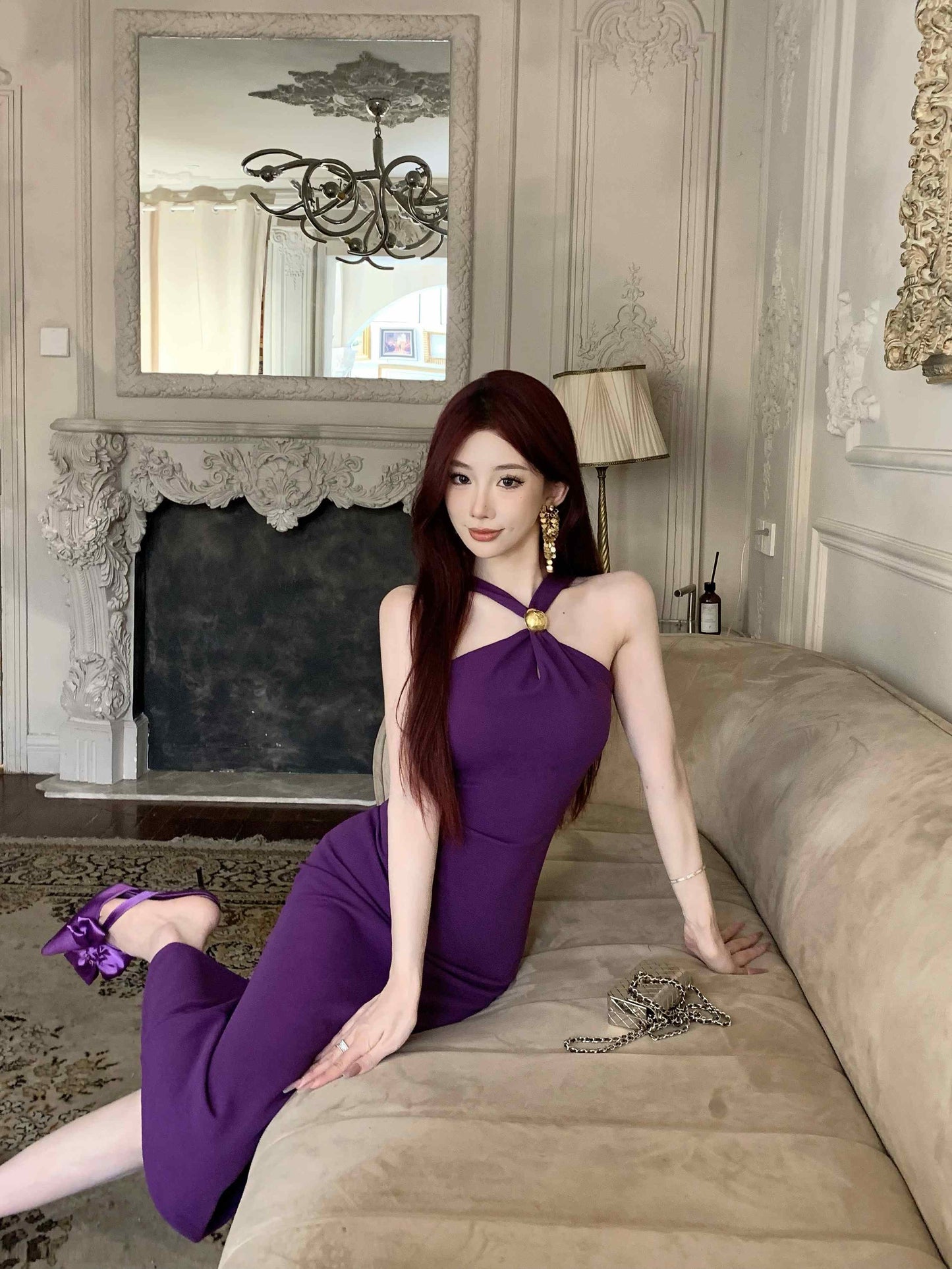 Unique Purple Bodycon Gold Clasp Detail Midi Dress Glamorous Romantic Dates Slit Hem Cinched-Waist Halter Long Dress AP1793