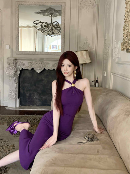 Unique Purple Bodycon Gold Clasp Detail Midi Dress Glamorous Romantic Dates Slit Hem Cinched-Waist Halter Long Dress AP1793