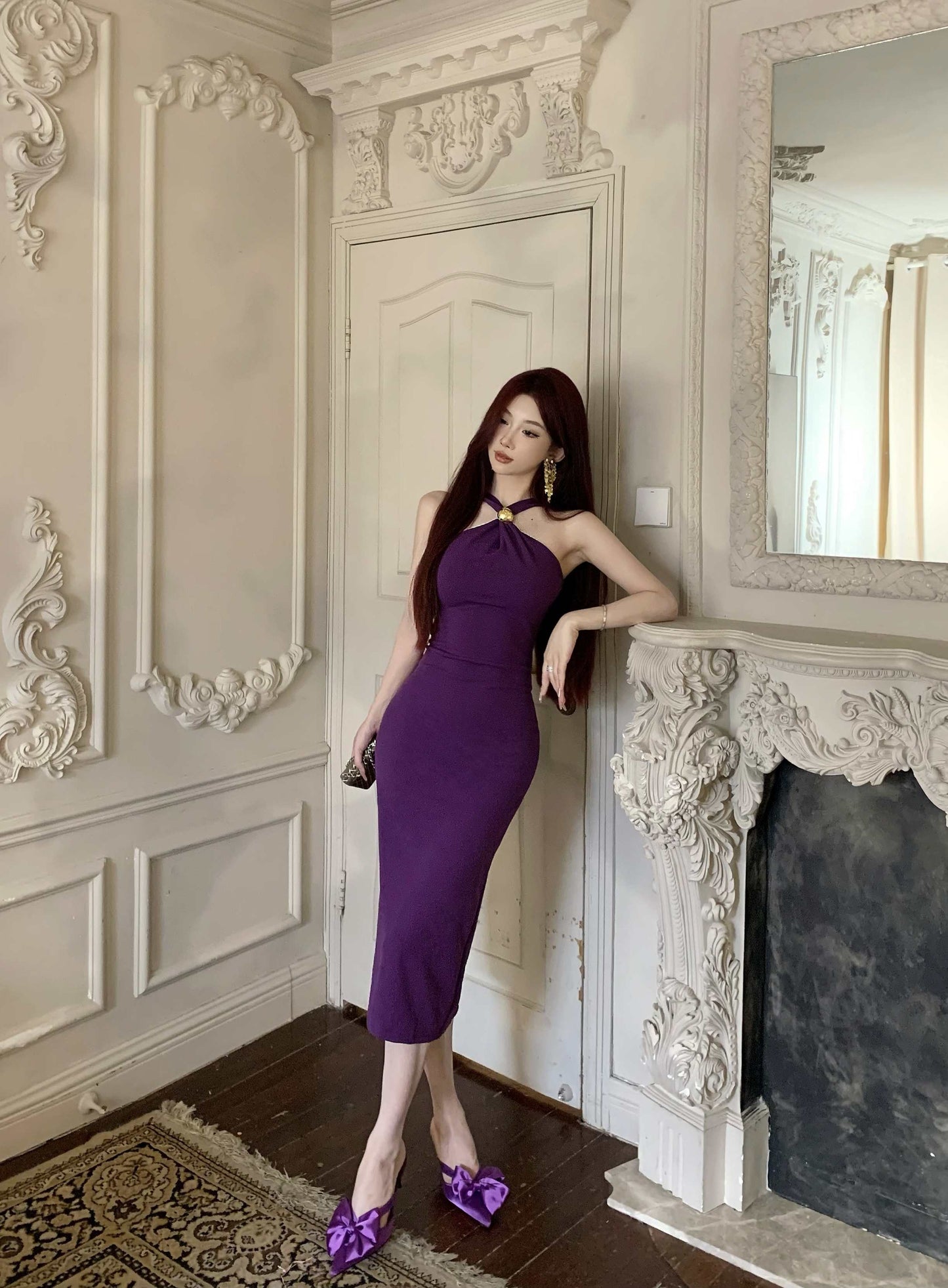 Unique Purple Bodycon Gold Clasp Detail Midi Dress Glamorous Romantic Dates Slit Hem Cinched-Waist Halter Long Dress AP1793