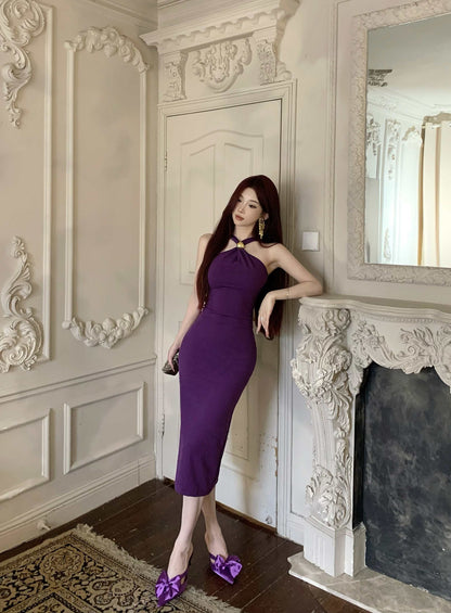 Unique Purple Bodycon Gold Clasp Detail Midi Dress Glamorous Romantic Dates Slit Hem Cinched-Waist Halter Long Dress AP1793