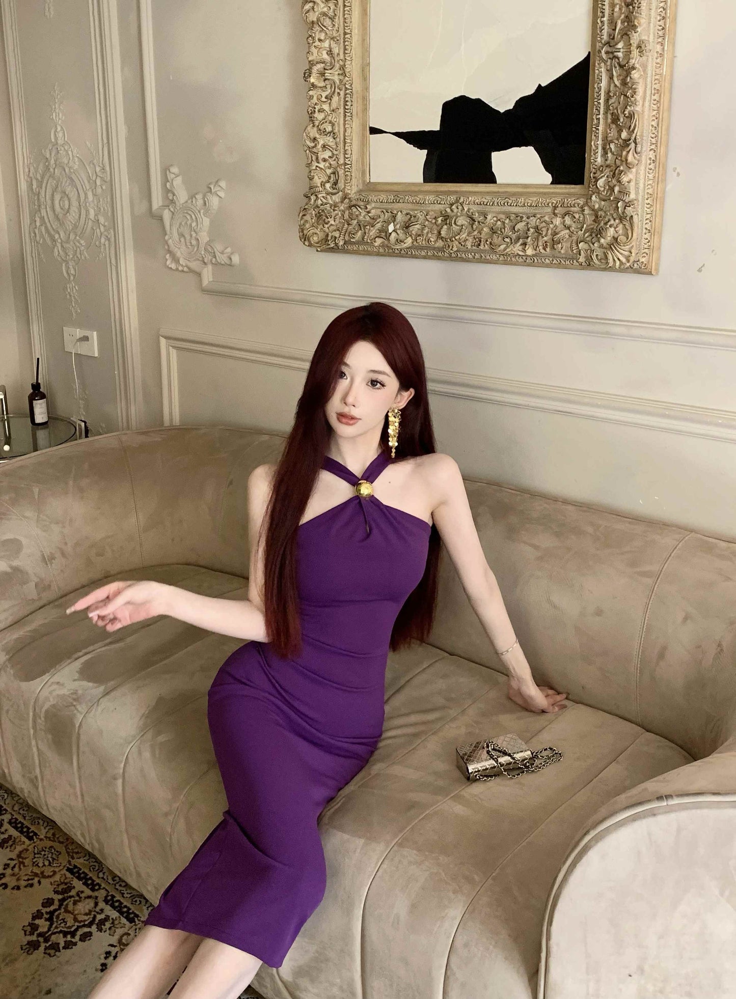 Unique Purple Bodycon Gold Clasp Detail Midi Dress Glamorous Romantic Dates Slit Hem Cinched-Waist Halter Long Dress AP1793