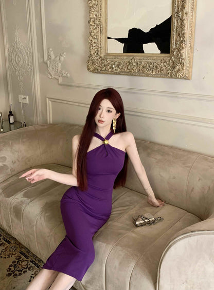 Unique Purple Bodycon Gold Clasp Detail Midi Dress Glamorous Romantic Dates Slit Hem Cinched-Waist Halter Long Dress AP1793